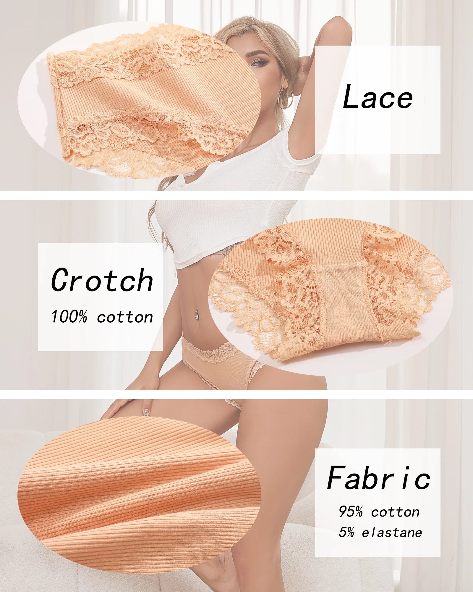 Cotton Underwear for Women Lace Hipster Panties Soft Breathable Cheeky Bikini Ladies 6 Pack