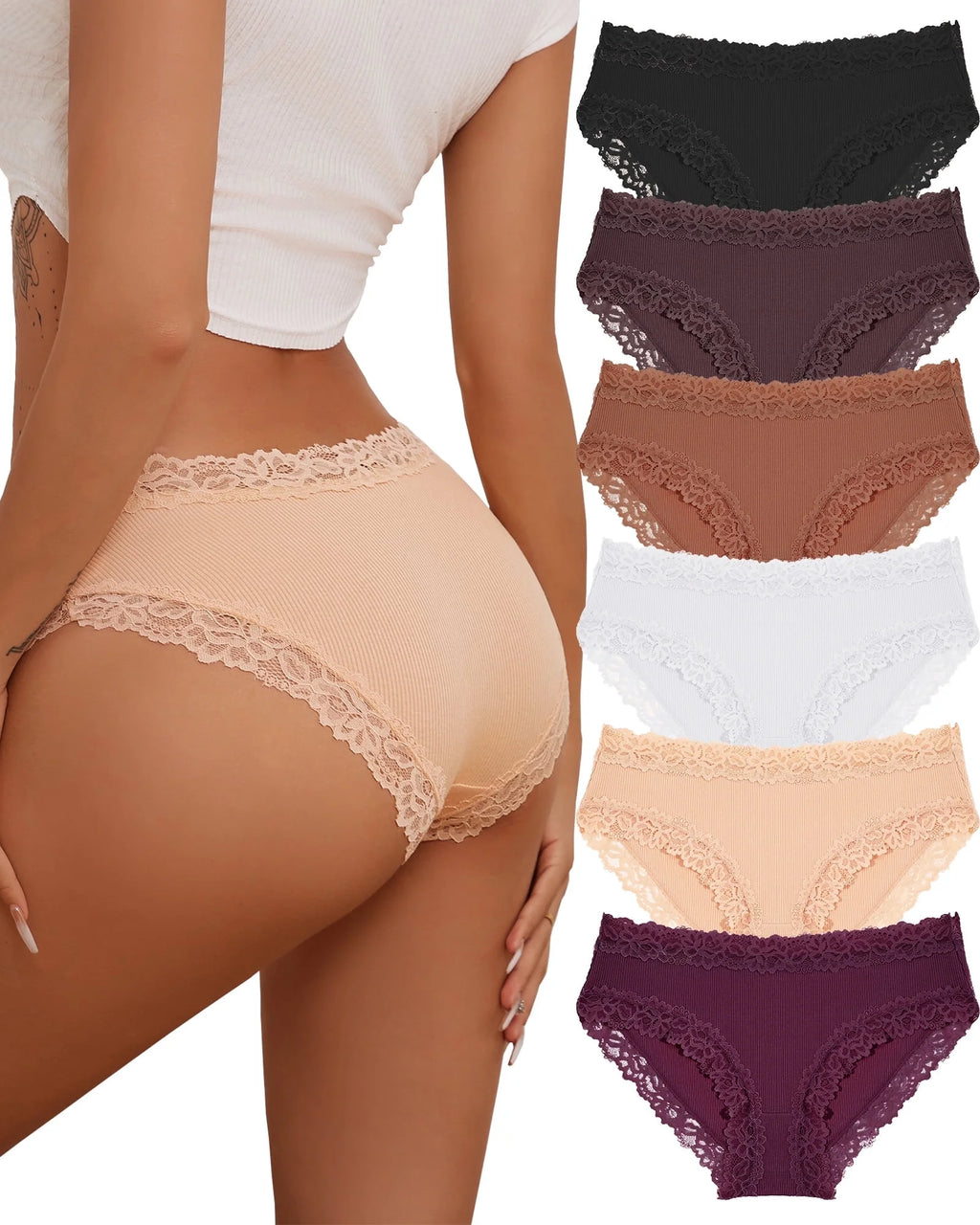 Cotton Underwear for Women Lace Hipster Panties Soft Breathable Cheeky Bikini Ladies 6 Pack