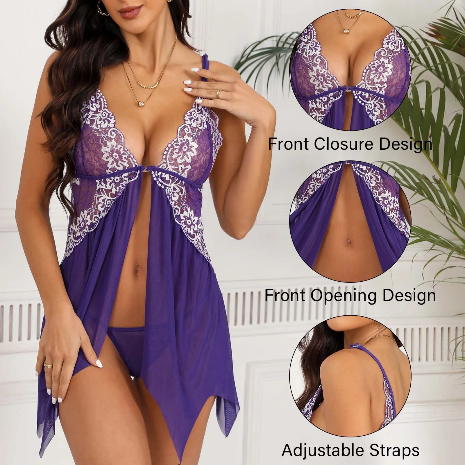 Lingerie for Women Front Closure Lace Babydoll Lingerie Sets Womens Lingerie - Purple